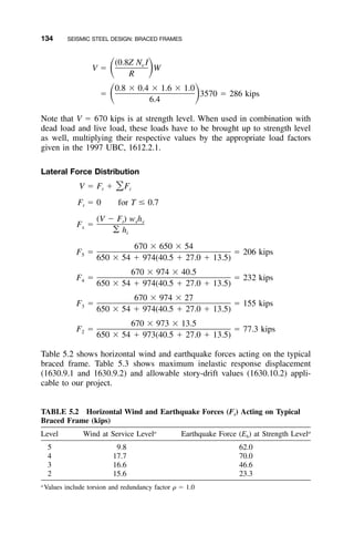 134 SEISMIC STEEL DESIGN: BRACED FRAMES
TABLE 5.2 Horizontal Wind and Earthquake Forces (Fi) Acting on Typical
Braced Frame (kips)
Level Wind at Service Levela
Earthquake Force (Eh) at Strength Levela
5 9.8 62.0
4 17.7 70.0
3 16.6 46.6
2 15.6 23.3
a
Values include torsion and redundancy factor ␳ ϭ 1.0
(0.8Z N Iv
V ϭ Wͩ ͪR
0.8 ϫ 0.4 ϫ 1.6 ϫ 1.0
ϭ 3570 ϭ 286 kipsͩ ͪ6.4
Note that V ϭ 670 kips is at strength level. When used in combination with
dead load and live load, these loads have to be brought up to strength level
as well, multiplying their respective values by the appropriate load factors
given in the 1997 UBC, 1612.2.1.
Lateral Force Distribution
V ϭ F ϩ F͸t i
F ϭ 0 for T Յ 0.7t
(V Ϫ F ) w ht x x
F ϭx
͚ hi
670 ϫ 650 ϫ 54
F ϭ ϭ 206 kips5
650 ϫ 54 ϩ 974(40.5 ϩ 27.0 ϩ 13.5)
670 ϫ 974 ϫ 40.5
F ϭ ϭ 232 kips4
650 ϫ 54 ϩ 974(40.5 ϩ 27.0 ϩ 13.5)
670 ϫ 974 ϫ 27
F ϭ ϭ 155 kips3
650 ϫ 54 ϩ 974(40.5 ϩ 27.0 ϩ 13.5)
670 ϫ 973 ϫ 13.5
F ϭ ϭ 77.3 kips2
650 ϫ 54 ϩ 973(40.5 ϩ 27.0 ϩ 13.5)
Table 5.2 shows horizontal wind and earthquake forces acting on the typical
braced frame. Table 5.3 shows maximum inelastic response displacement
(1630.9.1 and 1630.9.2) and allowable story-drift values (1630.10.2) appli-
cable to our project.
 