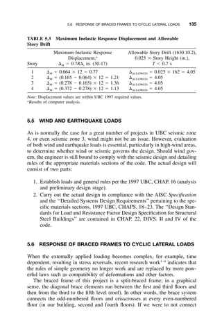 5.6 RESPONSE OF BRACED FRAMES TO CYCLIC LATERAL LOADS 135
TABLE 5.3 Maximum Inelastic Response Displacement and Allowable
Story Drift
Story
Maximum Inelastic Response
Displacement,a
⌬M ϭ 0.7R⌬s in. (30-17)
Allowable Story Drift (1630.10.2),
0.025 ϫ Story Height (in.),
T Ͻ 0.7 s
1 ⌬M ϭ 0.064 ϫ 12 ϭ 0.77 ⌬ALLOWED ϭ 0.025 ϫ 162 ϭ 4.05
2 ⌬M ϭ (0.165 Ϫ 0.064) ϫ 12 ϭ 1.21 ⌬ALLOWED ϭ 4.05
3 ⌬M ϭ (0.278 Ϫ 0.165) ϫ 12 ϭ 1.36 ⌬ALLOWED ϭ 4.05
4 ⌬M ϭ (0.372 Ϫ 0.278) ϫ 12 ϭ 1.13 ⌬ALLOWED ϭ 4.05
Note: Displacement values are within UBC 1997 required values.
a
Results of computer analysis.
5.5 WIND AND EARTHQUAKE LOADS
As is normally the case for a great number of projects in UBC seismic zone
4, or even seismic zone 3, wind might not be an issue. However, evaluation
of both wind and earthquake loads is essential, particularly in high-wind areas,
to determine whether wind or seismic governs the design. Should wind gov-
ern, the engineer is still bound to comply with the seismic design and detailing
rules of the appropriate materials sections of the code. The actual design will
consist of two parts:
1. Establish loads and general rules per the 1997 UBC, CHAP. 16 (analysis
and preliminary design stage).
2. Carry out the actual design in compliance with the AISC Speciﬁcation
and the ‘‘Detailed Systems Design Requirements’’ pertaining to the spe-
ciﬁc materials sections, 1997 UBC, CHAPS. 18–23. The ‘‘Design Stan-
dards for Load and Resistance Factor Design Speciﬁcation for Structural
Steel Buildings’’ are contained in CHAP. 22, DIVS. II and IV of the
code.
5.6 RESPONSE OF BRACED FRAMES TO CYCLIC LATERAL LOADS
When the externally applied loading becomes complex, for example, time
dependent, resulting in stress reversals, recent research work1–4
indicates that
the rules of simple geometry no longer work and are replaced by more pow-
erful laws such as compatibility of deformations and other factors.
The braced frame of this project is a split-braced frame; in a graphical
sense, the diagonal brace elements run between the ﬁrst and third ﬂoors and
then from the third to the ﬁfth level (roof). In other words, the brace system
connects the odd-numbered ﬂoors and crisscrosses at every even-numbered
ﬂoor (in our building, second and fourth ﬂoors). If we were to not connect
 
