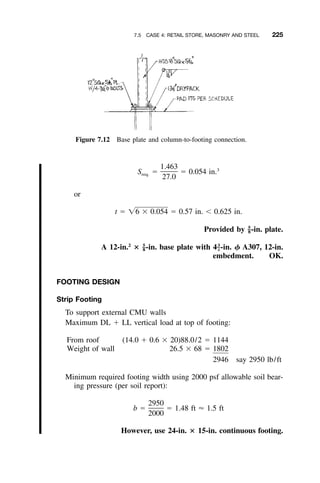 7.5 CASE 4: RETAIL STORE, MASONRY AND STEEL 225
Figure 7.12 Base plate and column-to-footing connection.
1.463 3
S ϭ ϭ 0.054 in.req.
27.0
or
t ϭ ͙6 ϫ 0.054 ϭ 0.57 in. Ͻ 0.625 in.
Provided by -in. plate.5
–8
A 12-in.2
؋ -in. base plate with 4 -in. ␾ A307, 12-in.5 3
– –8 4
embedment. OK.
FOOTING DESIGN
Strip Footing
To support external CMU walls
Maximum DL ϩ LL vertical load at top of footing:
From roof (14.0 ϩ 0.6 ϫ 20)88.0/2 ϭ 1144
Weight of wall 26.5 ϫ 68 ϭ 1802
2946 say 2950 lb/ft
Minimum required footing width using 2000 psf allowable soil bear-
ing pressure (per soil report):
2950
b ϭ ϭ 1.48 ft Ϸ 1.5 ft
2000
However, use 24-in. ؋ 15-in. continuous footing.
 