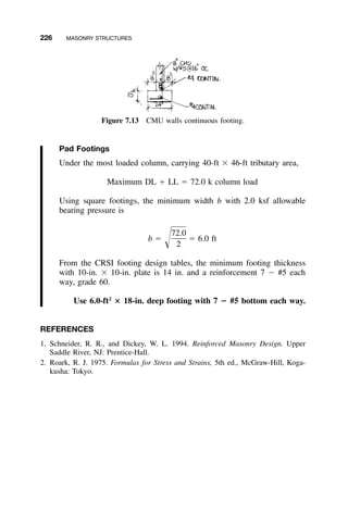 226 MASONRY STRUCTURES
Figure 7.13 CMU walls continuous footing.
Pad Footings
Under the most loaded column, carrying 40-ft ϫ 46-ft tributary area,
Maximum DL ϩ LL ϭ 72.0 k column load
Using square footings, the minimum width b with 2.0 ksf allowable
bearing pressure is
72.0
b ϭ ϭ 6.0 ftΊ 2
From the CRSI footing design tables, the minimum footing thickness
with 10-in. ϫ 10-in. plate is 14 in. and a reinforcement 7 Ϫ #5 each
way, grade 60.
Use 6.0-ft2
؋ 18-in. deep footing with 7 ؊ #5 bottom each way.
REFERENCES
1. Schneider, R. R., and Dickey, W. L. 1994. Reinforced Masonry Design. Upper
Saddle River, NJ: Prentice-Hall.
2. Roark, R. J. 1975. Formulas for Stress and Strains, 5th ed., McGraw-Hill, Koga-
kusha: Tokyo.
 
