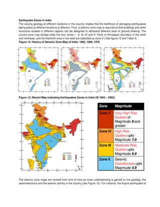 Earthquake Zones in India
The varying geology at different locations in the country implies that the likelihood of damaging earthquakes
taking place at different locations is different. Thus, a seismic zone map is required so that buildings and other
structures located in different regions can be designed to withstand different level of ground shaking. The
current zone map divides India into four zones – II, III, IV and V. Parts of Himalayan boundary in the north
and northeast, and the Kachchh area in the west are classified as zone V ( See figure 13 and Table 4) .
Figure 12: History of Seismic Zone Map of India: 1962, 1966, 1970
Figure 13: Recent Map indicating Earthquakes Zones in India (IS 1893 – 2002)
The seismic zone maps are revised from time to time as more understanding is gained on the geology, the
seismotectonics and the seismic activity in the country (see Figure 12). For instance, the Koyna earthquake of
Seismic
Disturbances upto
Magnitude 4.9
Zone II
Moderate Risk
Quakes upto
Magnitude 6.9
Zone III
High Risk
Quakes upto
Magnitude 7.9
Zone IV
Very High Risk
Quakes of
Magnitude 8 and
greater
Zone V
MagnitudeZone
Seismic
Disturbances upto
Magnitude 4.9
Zone II
Moderate Risk
Quakes upto
Magnitude 6.9
Zone III
High Risk
Quakes upto
Magnitude 7.9
Zone IV
Very High Risk
Quakes of
Magnitude 8 and
greater
Zone V
MagnitudeZone
 