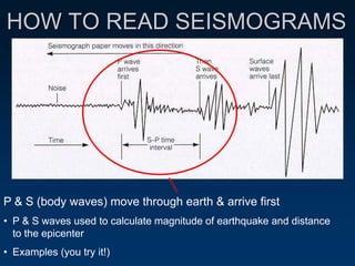 HOW TO READ SEISMOGRAMS
P & S (body waves) move through earth & arrive first
• P & S waves used to calculate magnitude of earthquake and distance
to the epicenter
• Examples (you try it!)
 