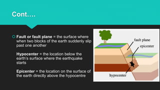 Cont….
 Fault or fault plane = the surface where
when two blocks of the earth suddenly slip
past one another
Hypocenter = the location below the
earth’s surface where the earthquake
starts
Epicenter = the location on the surface of
the earth directly above the hypocentre
 