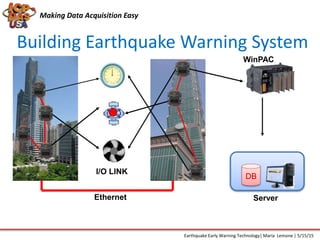 Building Earthquake Warning System
Ethernet
DB
I/O LINK
WinPAC
Server
Making Data Acquisition Easy
Earthquake Early Warning Technology| Maria Lemone | 5/15/15
 