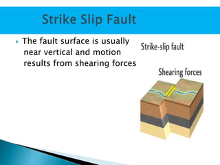  The fault surface is usually
near vertical and motion
results from shearing forces
 