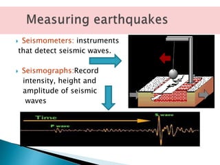  Seismometers: instruments
that detect seismic waves.
 Seismographs:Record
intensity, height and
amplitude of seismic
waves
 
