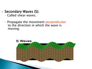  Secondary Waves (S);
◦ Called shear waves.
◦ Propagate the movement perpendicular
to the direction in which the wave is
moving.
 