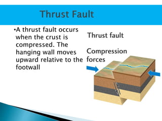 •A thrust fault occurs
when the crust is
compressed. The
hanging wall moves
upward relative to the
footwall
 