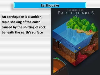 Earthquake
An earthquake is a sudden,
rapid shaking of the earth
caused by the shifting of rock
beneath the earth’s surface
 
