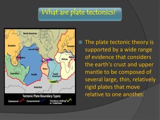 The plate tectonic theory is supported by a wide range of evidence that considers the earth's crust and upper mantle to be composed of several large, thin, relatively rigid plates that move relative to one another.