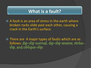 A fault is an area of stress in the earth where broken rocks slide past each other, causing a crack in the Earth's surface. There are  4 major types of faults which are as follows: dip-slip normal, dip-slip reverse, strike-slip, and oblique-slip. 