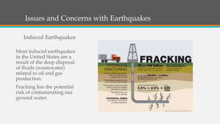 Issues and Concerns with Earthquakes
Most induced earthquakes
in the United States are a
result of the deep disposal
of fluids (wastewater)
related to oil and gas
production.
Fracking has the potential
risk of contaminating our
ground water.
Induced Earthquakes
 