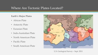 Where Are Tectonic Plates Located?
Earth’s Major Plates
• African Plate
• Antarctic Plate
• Eurasian Plate
• Indo-Australian Plate
• North American Plate
• Pacific Plate
• South American Plate
U.S. Geological Survey – Sept. 2011
 