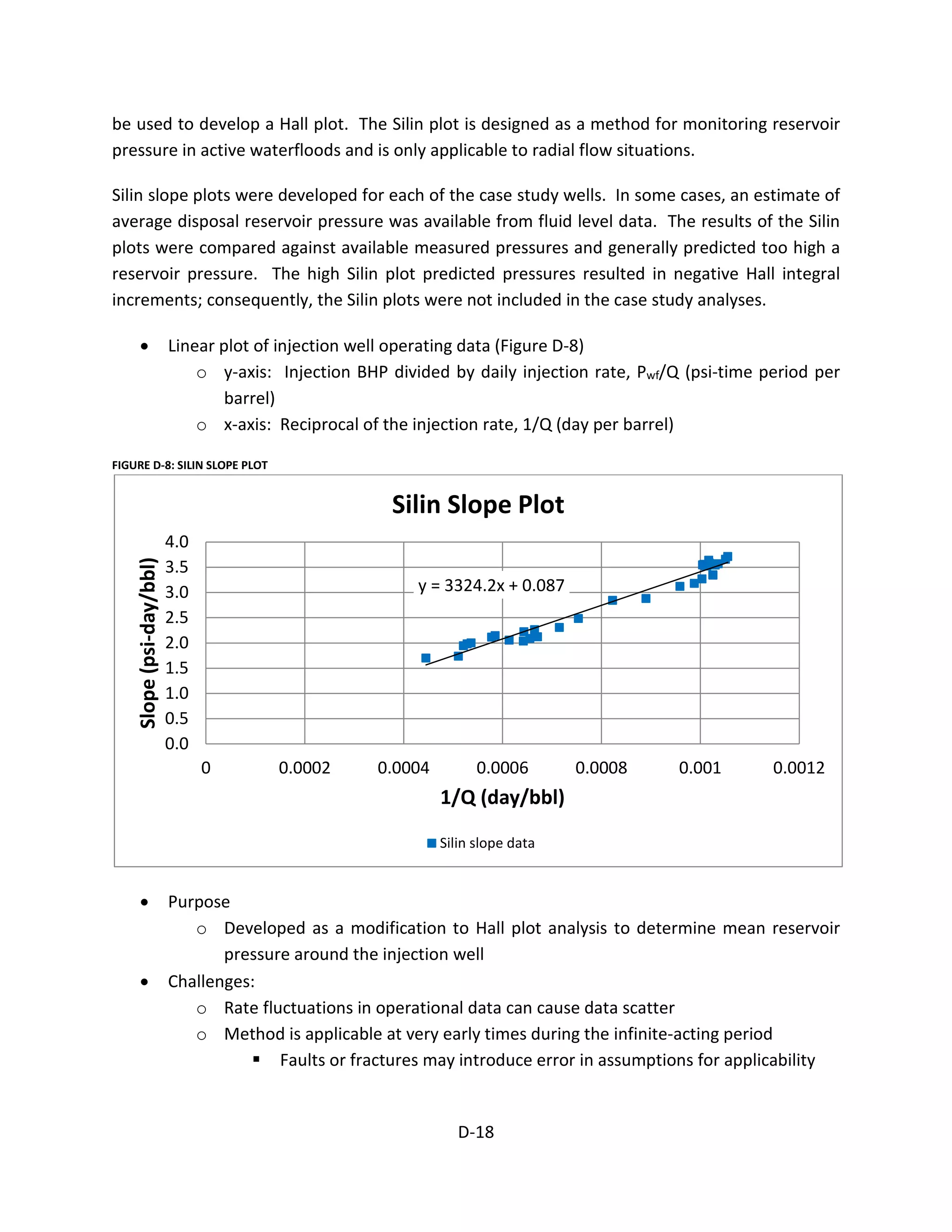 be used to develop a Hall plot. The Silin plot is designed as a method for monitoring reservoir
pressure in active waterfloods and is only applicable to radial flow situations.
Silin slope plots were developed for each of the case study wells. In some cases, an estimate of
average disposal reservoir pressure was available from fluid level data. The results of the Silin
plots were compared against available measured pressures and generally predicted too high a
reservoir pressure. The high Silin plot predicted pressures resulted in negative Hall integral
increments; consequently, the Silin plots were not included in the case study analyses.
• Linear plot of injection well operating data (Figure D-8)
o y-axis: Injection BHP divided by daily injection rate, Pwf/Q (psi-time period per
barrel)
y = 3324.2x + 0.087
0.0
0.5
1.0
1.5
2.0
2.5
3.0
3.5
4.0
0 0.0002 0.0004 0.0006 0.0008 0.001 0.0012
Slope(psi-day/bbl)
1/Q (day/bbl)
Silin Slope Plot
Silin slope data
o x-axis: Reciprocal of the injection rate, 1/Q (day per barrel)
FIGURE D-8: SILIN SLOPE PLOT
• Purpose
o Developed as a modification to Hall plot analysis to determine mean reservoir
pressure around the injection well
• Challenges:
o Rate fluctuations in operational data can cause data scatter
o Method is applicable at very early times during the infinite-acting period
 Faults or fractures may introduce error in assumptions for applicability
D-18
 