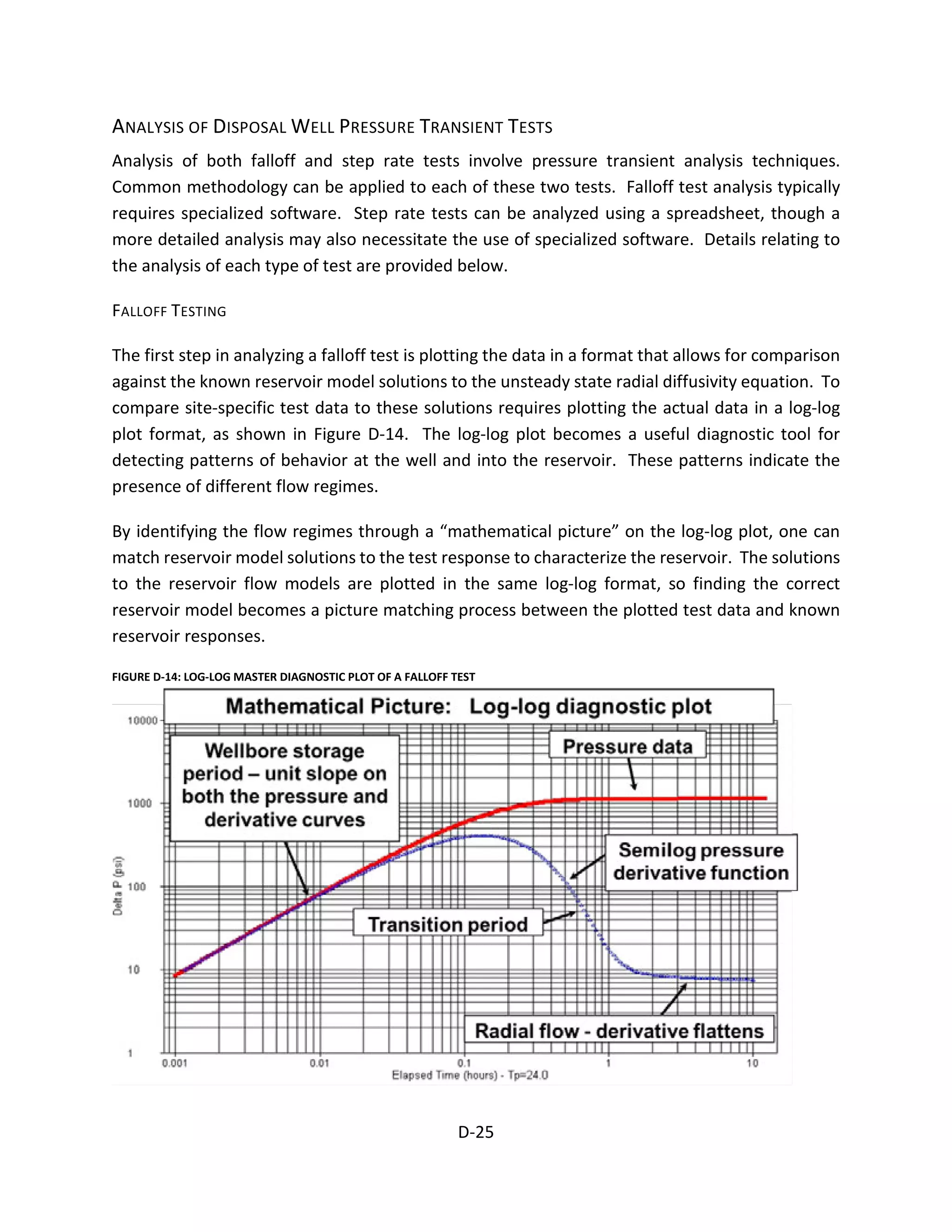 ANALYSIS OF DISPOSAL WELL PRESSURE TRANSIENT TESTS
Analysis of both falloff and step rate tests involve pressure transient analysis techniques.
Common methodology can be applied to each of these two tests. Falloff test analysis typically
requires specialized software. Step rate tests can be analyzed using a spreadsheet, though a
more detailed analysis may also necessitate the use of specialized software. Details relating to
the analysis of each type of test are provided below.
FALLOFF TESTING
The first step in analyzing a falloff test is plotting the data in a format that allows for comparison
against the known reservoir model solutions to the unsteady state radial diffusivity equation. To
compare site-specific test data to these solutions requires plotting the actual data in a log-log
plot format, as shown in Figure D-14. The log-log plot becomes a useful diagnostic tool for
detecting patterns of behavior at the well and into the reservoir. These patterns indicate the
presence of different flow regimes.
By identifying the flow regimes through a “mathematical picture” on the log-log plot, one can
match reservoir model solutions to the test response to characterize the reservoir. The solutions
to the reservoir flow models are plotted in the same log-log format, so finding the correct
reservoir model becomes a picture matching process between the plotted test data and known
reservoir responses.
FIGURE D-14: LOG-LOG MASTER DIAGNOSTIC PLOT OF A FALLOFF TEST
D-25
 