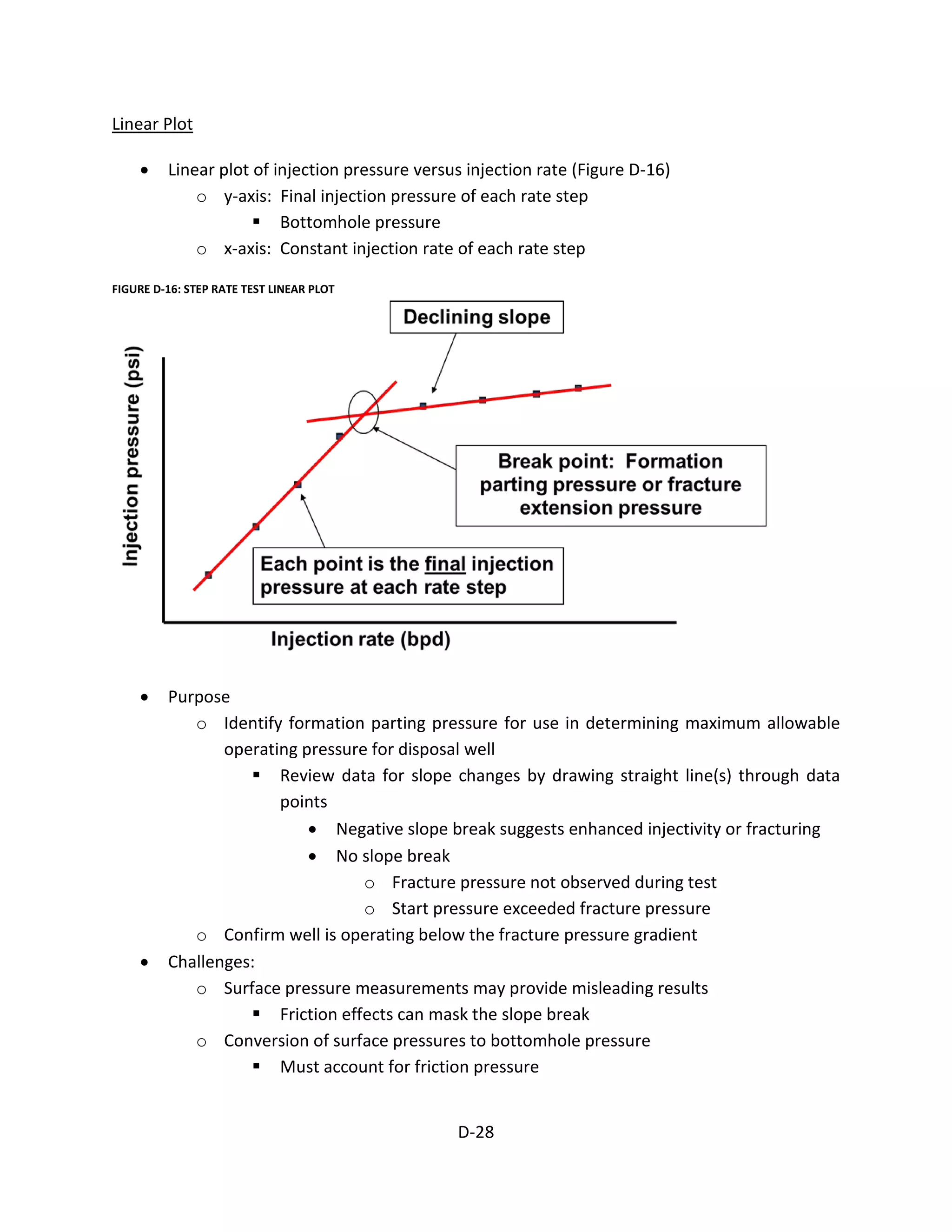 Linear Plot
• Linear plot of injection pressure versus injection rate (Figure D-16)
o y-axis: Final injection pressure of each rate step
 Bottomhole pressure
o x-axis: Constant injection rate of each rate step
FIGURE D-16: STEP RATE TEST LINEAR PLOT
• Purpose
o Identify formation parting pressure for use in determining maximum allowable
operating pressure for disposal well
 Review data for slope changes by drawing straight line(s) through data
points
• Negative slope break suggests enhanced injectivity or fracturing
• No slope break
o Fracture pressure not observed during test
o Start pressure exceeded fracture pressure
o Confirm well is operating below the fracture pressure gradient
• Challenges:
o Surface pressure measurements may provide misleading results
 Friction effects can mask the slope break
o Conversion of surface pressures to bottomhole pressure
 Must account for friction pressure
D-28
 