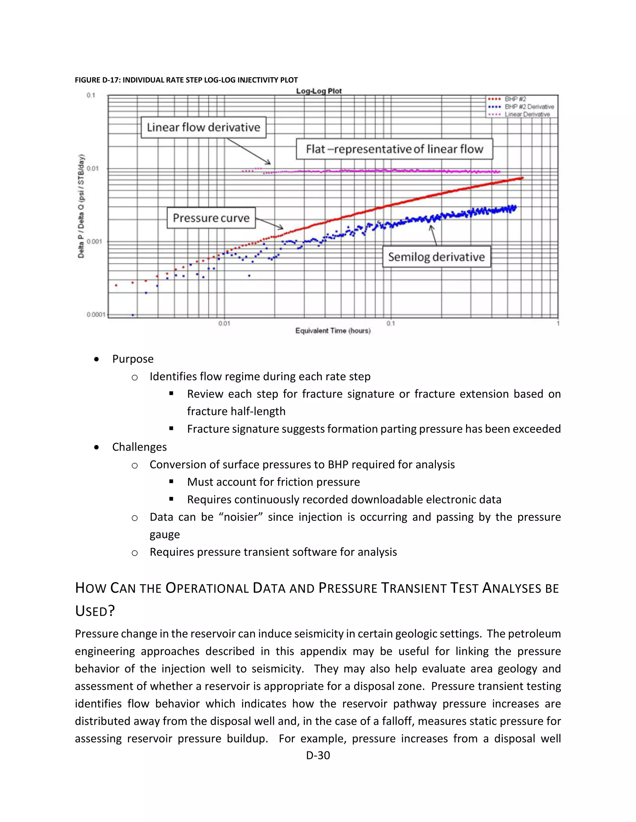 FIGURE D-17: INDIVIDUAL RATE STEP LOG-LOG INJECTIVITY PLOT
• Purpose
o Identifies flow regime during each rate step
 Review each step for fracture signature or fracture extension based on
fracture half-length
 Fracture signature suggests formation parting pressure has been exceeded
• Challenges
o Conversion of surface pressures to BHP required for analysis
 Must account for friction pressure
 Requires continuously recorded downloadable electronic data
o Data can be “noisier” since injection is occurring and passing by the pressure
gauge
o Requires pressure transient software for analysis
HOW CAN THE OPERATIONAL DATA AND PRESSURE TRANSIENT TEST ANALYSES BE
USED?
Pressure change in the reservoir can induce seismicity in certain geologic settings. The petroleum
engineering approaches described in this appendix may be useful for linking the pressure
behavior of the injection well to seismicity. They may also help evaluate area geology and
assessment of whether a reservoir is appropriate for a disposal zone. Pressure transient testing
identifies flow behavior which indicates how the reservoir pathway pressure increases are
distributed away from the disposal well and, in the case of a falloff, measures static pressure for
assessing reservoir pressure buildup. For example, pressure increases from a disposal well
D-30
 