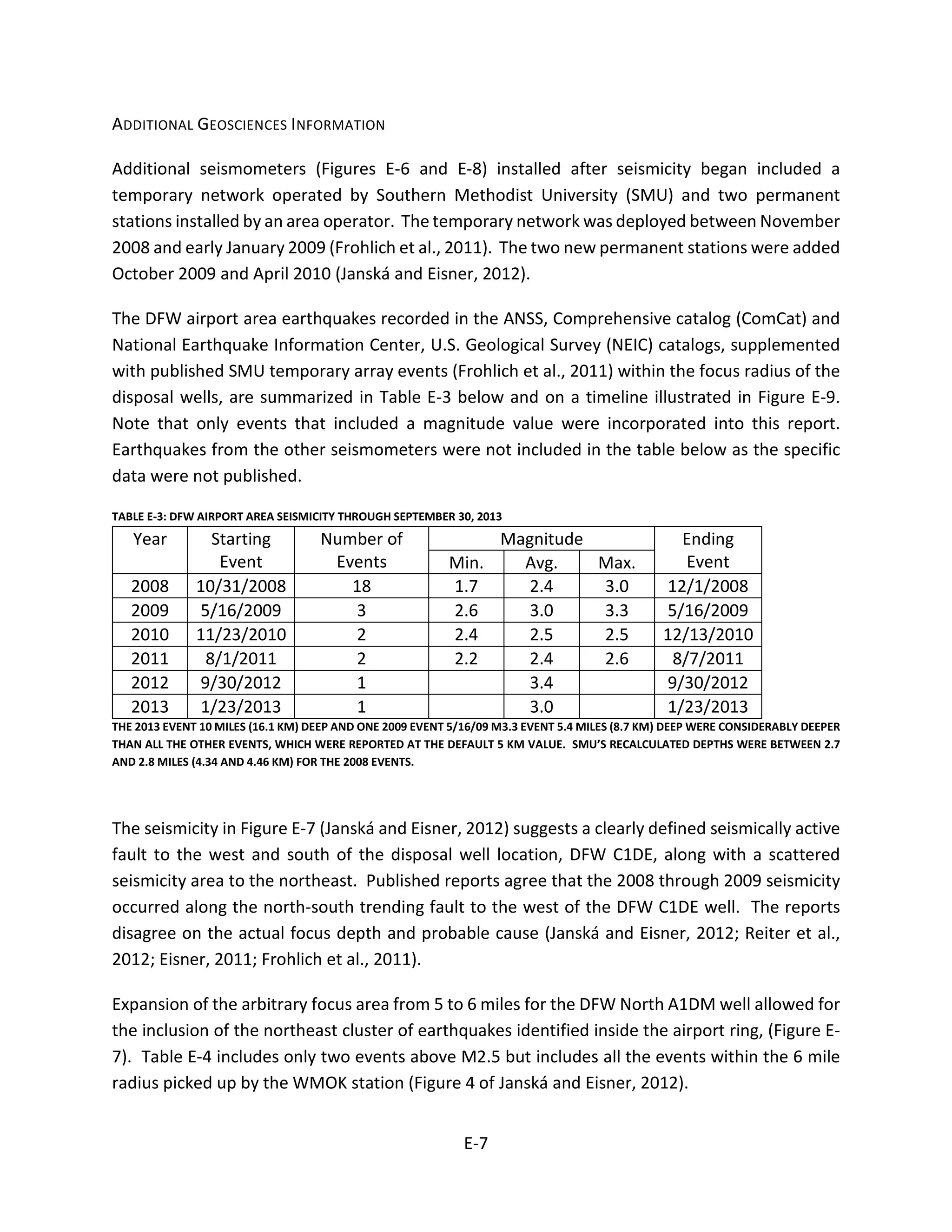 ADDITIONAL GEOSCIENCES INFORMATION
Additional seismometers (Figures E-6 and E-8) installed after seismicity began included a
temporary network operated by Southern Methodist University (SMU) and two permanent
stations installed by an area operator. The temporary network was deployed between November
2008 and early January 2009 (Frohlich et al., 2011). The two new permanent stations were added
October 2009 and April 2010 (Janská and Eisner, 2012).
The DFW airport area earthquakes recorded in the ANSS, Comprehensive catalog (ComCat) and
National Earthquake Information Center, U.S. Geological Survey (NEIC) catalogs, supplemented
with published SMU temporary array events (Frohlich et al., 2011) within the focus radius of the
disposal wells, are summarized in Table E-3 below and on a timeline illustrated in Figure E-9.
Note that only events that included a magnitude value were incorporated into this report.
Earthquakes from the other seismometers were not included in the table below as the specific
data were not published.
TABLE E-3: DFW AIRPORT AREA SEISMICITY THROUGH SEPTEMBER 30, 2013
Year Starting
Event
Number of
Events
Magnitude Ending
EventMin. Avg. Max.
2008 10/31/2008 18 1.7 2.4 3.0 12/1/2008
2009 5/16/2009 3 2.6 3.0 3.3 5/16/2009
2010 11/23/2010 2 2.4 2.5 2.5 12/13/2010
2011 8/1/2011 2 2.2 2.4 2.6 8/7/2011
2012 9/30/2012 1 3.4 9/30/2012
2013 1/23/2013 1 3.0 1/23/2013
THE 2013 EVENT 10 MILES (16.1 KM) DEEP AND ONE 2009 EVENT 5/16/09 M3.3 EVENT 5.4 MILES (8.7 KM) DEEP WERE CONSIDERABLY DEEPER
THAN ALL THE OTHER EVENTS, WHICH WERE REPORTED AT THE DEFAULT 5 KM VALUE. SMU’S RECALCULATED DEPTHS WERE BETWEEN 2.7
AND 2.8 MILES (4.34 AND 4.46 KM) FOR THE 2008 EVENTS.
The seismicity in Figure E-7 (Janská and Eisner, 2012) suggests a clearly defined seismically active
fault to the west and south of the disposal well location, DFW C1DE, along with a scattered
seismicity area to the northeast. Published reports agree that the 2008 through 2009 seismicity
occurred along the north-south trending fault to the west of the DFW C1DE well. The reports
disagree on the actual focus depth and probable cause (Janská and Eisner, 2012; Reiter et al.,
2012; Eisner, 2011; Frohlich et al., 2011).
Expansion of the arbitrary focus area from 5 to 6 miles for the DFW North A1DM well allowed for
the inclusion of the northeast cluster of earthquakes identified inside the airport ring, (Figure E-
7). Table E-4 includes only two events above M2.5 but includes all the events within the 6 mile
radius picked up by the WMOK station (Figure 4 of Janská and Eisner, 2012).
E-7
 