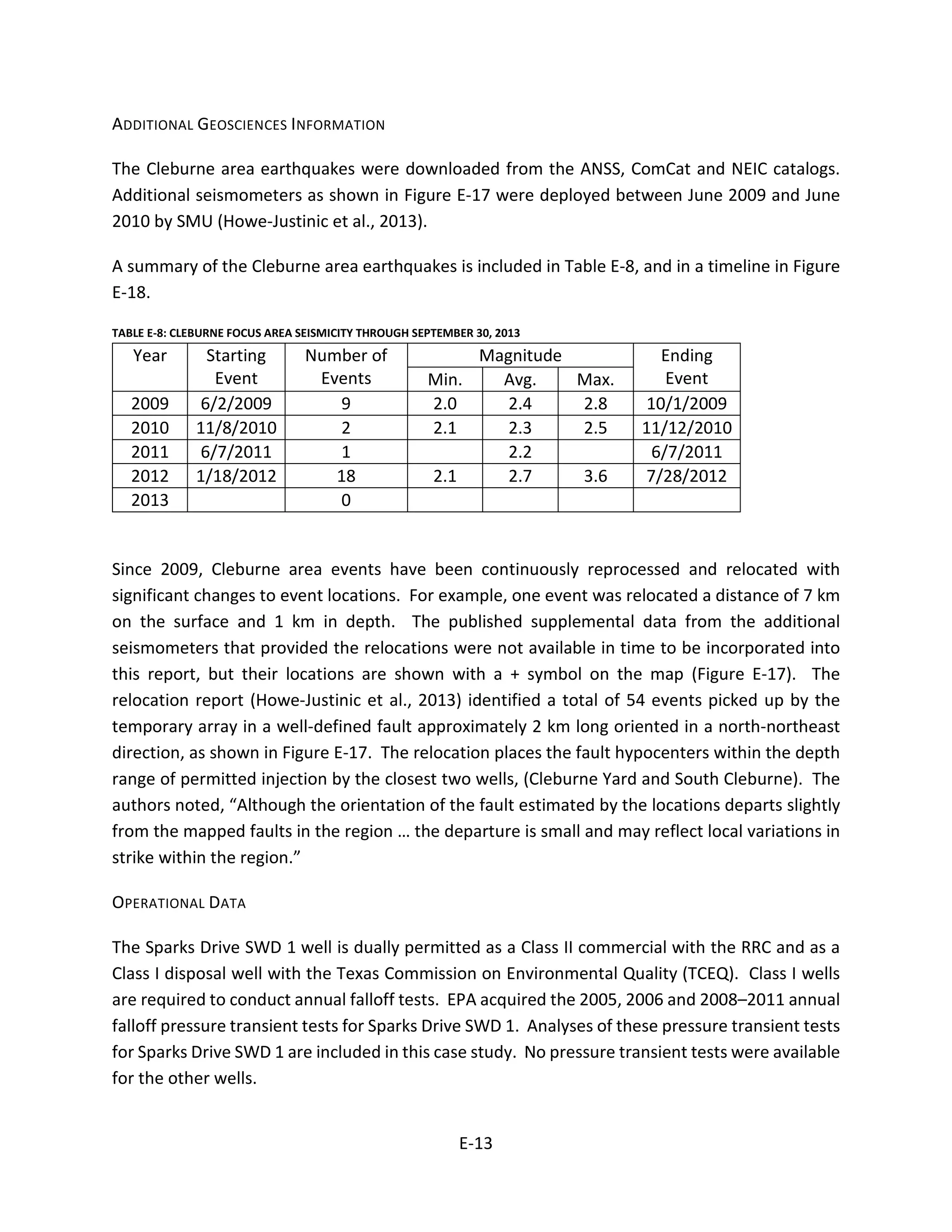 ADDITIONAL GEOSCIENCES INFORMATION
The Cleburne area earthquakes were downloaded from the ANSS, ComCat and NEIC catalogs.
Additional seismometers as shown in Figure E-17 were deployed between June 2009 and June
2010 by SMU (Howe-Justinic et al., 2013).
A summary of the Cleburne area earthquakes is included in Table E-8, and in a timeline in Figure
E-18.
TABLE E-8: CLEBURNE FOCUS AREA SEISMICITY THROUGH SEPTEMBER 30, 2013
Year Starting
Event
Number of
Events
Magnitude Ending
EventMin. Avg. Max.
2009 6/2/2009 9 2.0 2.4 2.8 10/1/2009
2010 11/8/2010 2 2.1 2.3 2.5 11/12/2010
2011 6/7/2011 1 2.2 6/7/2011
2012 1/18/2012 18 2.1 2.7 3.6 7/28/2012
2013 0
Since 2009, Cleburne area events have been continuously reprocessed and relocated with
significant changes to event locations. For example, one event was relocated a distance of 7 km
on the surface and 1 km in depth. The published supplemental data from the additional
seismometers that provided the relocations were not available in time to be incorporated into
this report, but their locations are shown with a + symbol on the map (Figure E-17). The
relocation report (Howe-Justinic et al., 2013) identified a total of 54 events picked up by the
temporary array in a well-defined fault approximately 2 km long oriented in a north-northeast
direction, as shown in Figure E-17. The relocation places the fault hypocenters within the depth
range of permitted injection by the closest two wells, (Cleburne Yard and South Cleburne). The
authors noted, “Although the orientation of the fault estimated by the locations departs slightly
from the mapped faults in the region … the departure is small and may reflect local variations in
strike within the region.”
OPERATIONAL DATA
The Sparks Drive SWD 1 well is dually permitted as a Class II commercial with the RRC and as a
Class I disposal well with the Texas Commission on Environmental Quality (TCEQ). Class I wells
are required to conduct annual falloff tests. EPA acquired the 2005, 2006 and 2008–2011 annual
falloff pressure transient tests for Sparks Drive SWD 1. Analyses of these pressure transient tests
for Sparks Drive SWD 1 are included in this case study. No pressure transient tests were available
for the other wells.
E-13
 