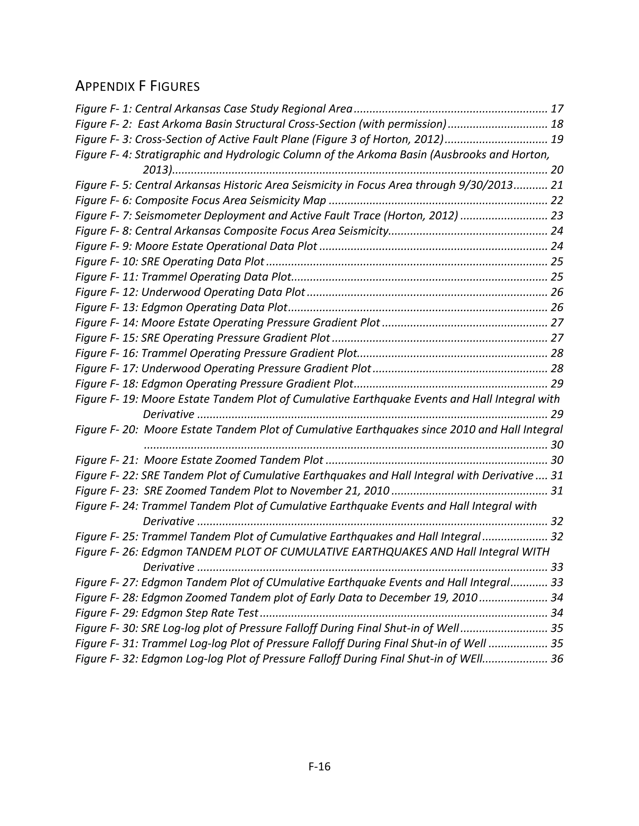 APPENDIX F FIGURES
Figure F- 1: Central Arkansas Case Study Regional Area.............................................................. 17
Figure F- 2: East Arkoma Basin Structural Cross-Section (with permission)................................ 18
Figure F- 3: Cross-Section of Active Fault Plane (Figure 3 of Horton, 2012)................................. 19
Figure F- 4: Stratigraphic and Hydrologic Column of the Arkoma Basin (Ausbrooks and Horton,
2013)........................................................................................................................ 20
Figure F- 5: Central Arkansas Historic Area Seismicity in Focus Area through 9/30/2013........... 21
Figure F- 6: Composite Focus Area Seismicity Map ...................................................................... 22
Figure F- 7: Seismometer Deployment and Active Fault Trace (Horton, 2012) ............................ 23
Figure F- 8: Central Arkansas Composite Focus Area Seismicity................................................... 24
Figure F- 9: Moore Estate Operational Data Plot ......................................................................... 24
Figure F- 10: SRE Operating Data Plot .......................................................................................... 25
Figure F- 11: Trammel Operating Data Plot.................................................................................. 25
Figure F- 12: Underwood Operating Data Plot............................................................................. 26
Figure F- 13: Edgmon Operating Data Plot................................................................................... 26
Figure F- 14: Moore Estate Operating Pressure Gradient Plot ..................................................... 27
Figure F- 15: SRE Operating Pressure Gradient Plot ..................................................................... 27
Figure F- 16: Trammel Operating Pressure Gradient Plot............................................................. 28
Figure F- 17: Underwood Operating Pressure Gradient Plot........................................................ 28
Figure F- 18: Edgmon Operating Pressure Gradient Plot.............................................................. 29
Figure F- 19: Moore Estate Tandem Plot of Cumulative Earthquake Events and Hall Integral with
Derivative ................................................................................................................ 29
Figure F- 20: Moore Estate Tandem Plot of Cumulative Earthquakes since 2010 and Hall Integral
................................................................................................................................. 30
Figure F- 21: Moore Estate Zoomed Tandem Plot ....................................................................... 30
Figure F- 22: SRE Tandem Plot of Cumulative Earthquakes and Hall Integral with Derivative .... 31
Figure F- 23: SRE Zoomed Tandem Plot to November 21, 2010 .................................................. 31
Figure F- 24: Trammel Tandem Plot of Cumulative Earthquake Events and Hall Integral with
Derivative ................................................................................................................ 32
Figure F- 25: Trammel Tandem Plot of Cumulative Earthquakes and Hall Integral..................... 32
Figure F- 26: Edgmon TANDEM PLOT OF CUMULATIVE EARTHQUAKES AND Hall Integral WITH
Derivative ................................................................................................................ 33
Figure F- 27: Edgmon Tandem Plot of CUmulative Earthquake Events and Hall Integral............ 33
Figure F- 28: Edgmon Zoomed Tandem plot of Early Data to December 19, 2010...................... 34
Figure F- 29: Edgmon Step Rate Test............................................................................................ 34
Figure F- 30: SRE Log-log plot of Pressure Falloff During Final Shut-in of Well............................ 35
Figure F- 31: Trammel Log-log Plot of Pressure Falloff During Final Shut-in of Well ................... 35
Figure F- 32: Edgmon Log-log Plot of Pressure Falloff During Final Shut-in of WEll..................... 36
F-16
 