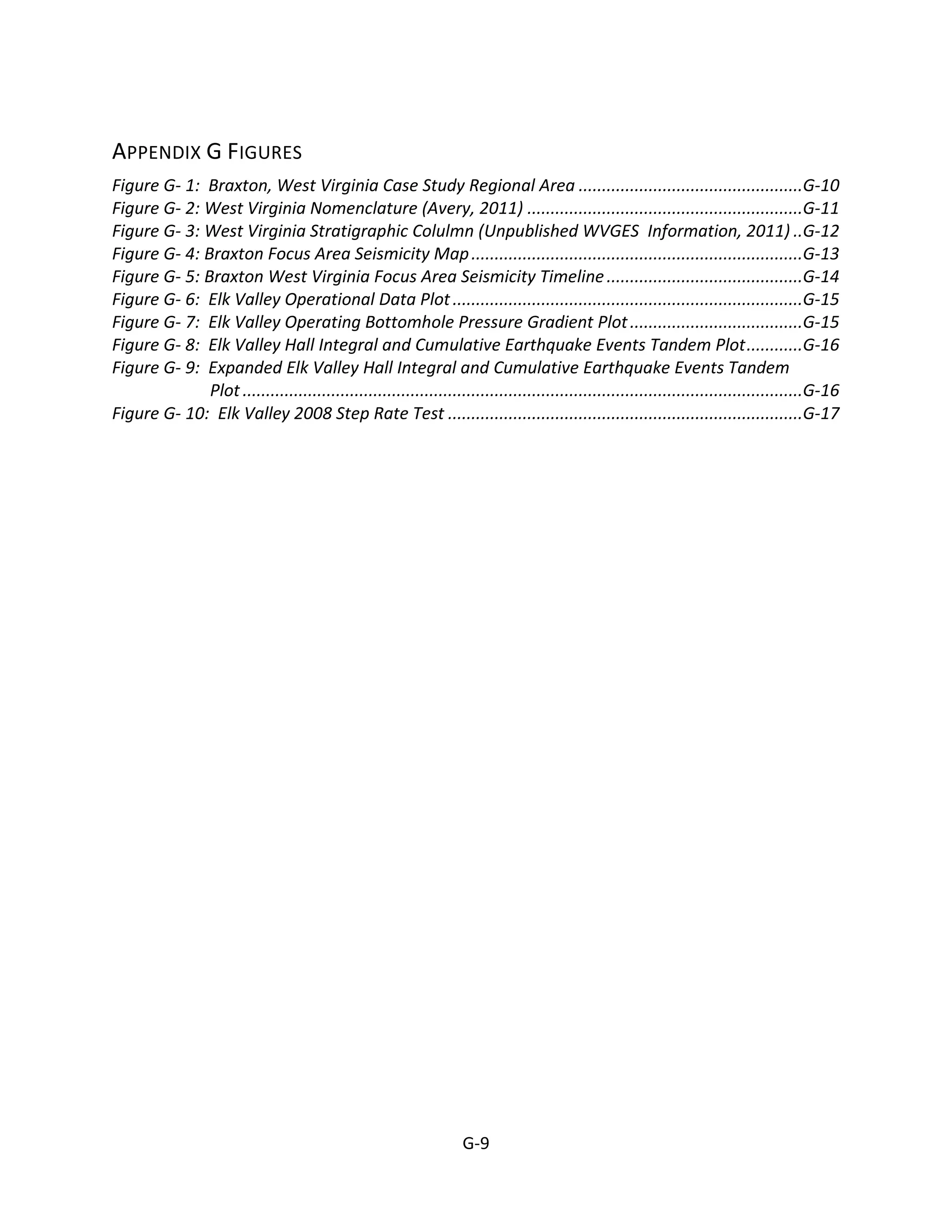 APPENDIX G FIGURES
Figure G- 1: Braxton, West Virginia Case Study Regional Area ................................................G-10
Figure G- 2: West Virginia Nomenclature (Avery, 2011) ...........................................................G-11
Figure G- 3: West Virginia Stratigraphic Colulmn (Unpublished WVGES Information, 2011) ..G-12
Figure G- 4: Braxton Focus Area Seismicity Map.......................................................................G-13
Figure G- 5: Braxton West Virginia Focus Area Seismicity Timeline..........................................G-14
Figure G- 6: Elk Valley Operational Data Plot...........................................................................G-15
Figure G- 7: Elk Valley Operating Bottomhole Pressure Gradient Plot.....................................G-15
Figure G- 8: Elk Valley Hall Integral and Cumulative Earthquake Events Tandem Plot............G-16
Figure G- 9: Expanded Elk Valley Hall Integral and Cumulative Earthquake Events Tandem
Plot ........................................................................................................................G-16
Figure G- 10: Elk Valley 2008 Step Rate Test ............................................................................G-17
G-9
 