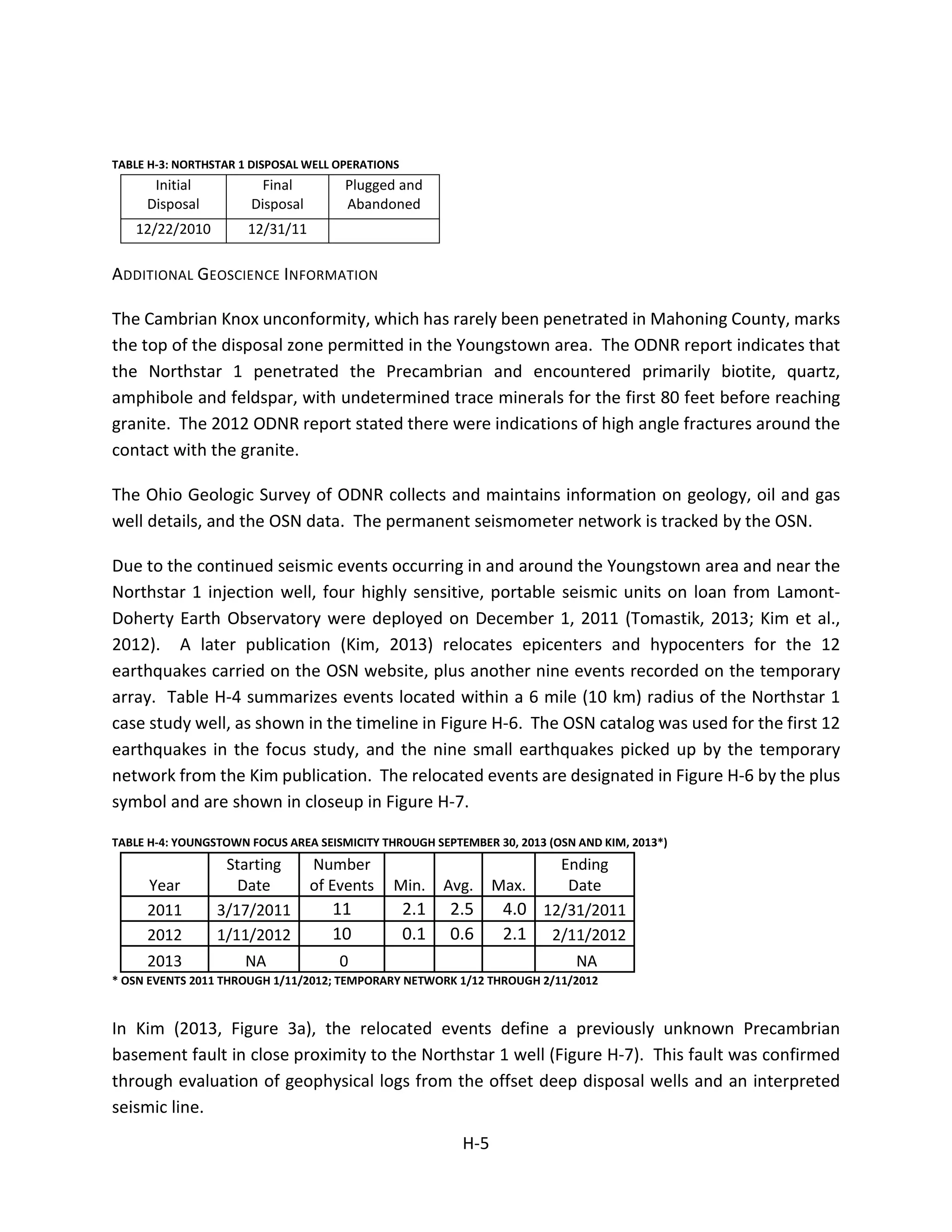 TABLE H-3: NORTHSTAR 1 DISPOSAL WELL OPERATIONS
Initial
Disposal
Final
Disposal
Plugged and
Abandoned
12/22/2010 12/31/11
ADDITIONAL GEOSCIENCE INFORMATION
The Cambrian Knox unconformity, which has rarely been penetrated in Mahoning County, marks
the top of the disposal zone permitted in the Youngstown area. The ODNR report indicates that
the Northstar 1 penetrated the Precambrian and encountered primarily biotite, quartz,
amphibole and feldspar, with undetermined trace minerals for the first 80 feet before reaching
granite. The 2012 ODNR report stated there were indications of high angle fractures around the
contact with the granite.
The Ohio Geologic Survey of ODNR collects and maintains information on geology, oil and gas
well details, and the OSN data. The permanent seismometer network is tracked by the OSN.
Due to the continued seismic events occurring in and around the Youngstown area and near the
Northstar 1 injection well, four highly sensitive, portable seismic units on loan from Lamont-
Doherty Earth Observatory were deployed on December 1, 2011 (Tomastik, 2013; Kim et al.,
2012). A later publication (Kim, 2013) relocates epicenters and hypocenters for the 12
earthquakes carried on the OSN website, plus another nine events recorded on the temporary
array. Table H-4 summarizes events located within a 6 mile (10 km) radius of the Northstar 1
case study well, as shown in the timeline in Figure H-6. The OSN catalog was used for the first 12
earthquakes in the focus study, and the nine small earthquakes picked up by the temporary
network from the Kim publication. The relocated events are designated in Figure H-6 by the plus
symbol and are shown in closeup in Figure H-7.
TABLE H-4: YOUNGSTOWN FOCUS AREA SEISMICITY THROUGH SEPTEMBER 30, 2013 (OSN AND KIM, 2013*)
Year
Starting
Date
Number
of Events Min. Avg. Max.
Ending
Date
2011 3/17/2011 11 2.1 2.5 4.0 12/31/2011
2012 1/11/2012 10 0.1 0.6 2.1 2/11/2012
2013 NA 0 NA
* OSN EVENTS 2011 THROUGH 1/11/2012; TEMPORARY NETWORK 1/12 THROUGH 2/11/2012
In Kim (2013, Figure 3a), the relocated events define a previously unknown Precambrian
basement fault in close proximity to the Northstar 1 well (Figure H-7). This fault was confirmed
through evaluation of geophysical logs from the offset deep disposal wells and an interpreted
seismic line.
H-5
 
