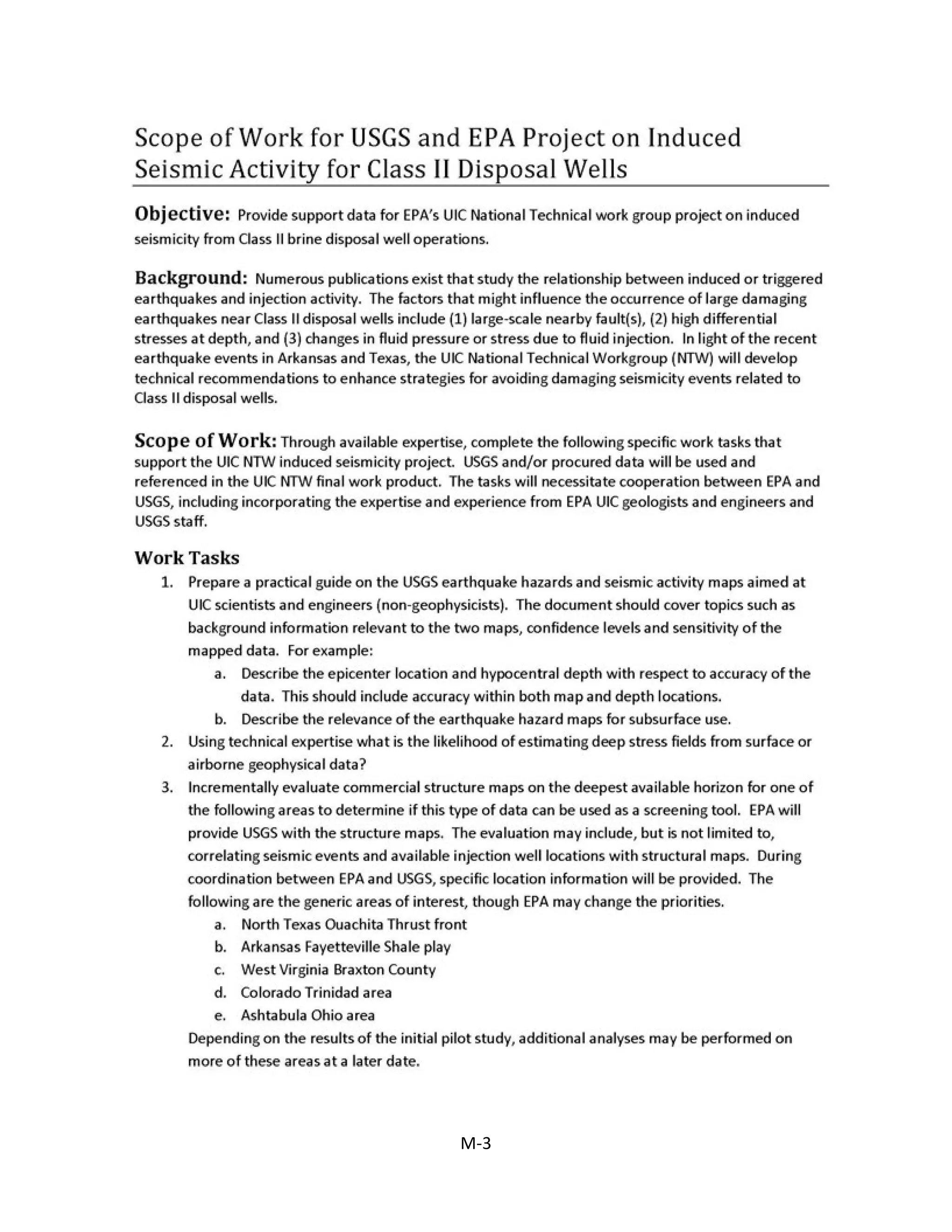 SCOPE OF WORK FOR USGS AND EPA PROJECT ON INDUCED SEISMICITY
ACITVITY FOR CLASS II DISPOSAL WELLS
M-3
 