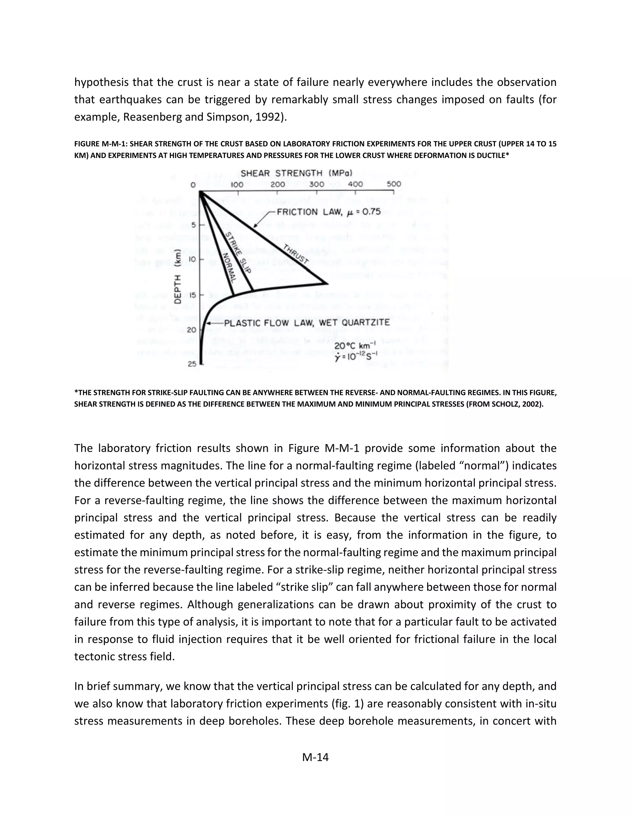 hypothesis that the crust is near a state of failure nearly everywhere includes the observation
that earthquakes can be triggered by remarkably small stress changes imposed on faults (for
example, Reasenberg and Simpson, 1992).
FIGURE M-M-1: SHEAR STRENGTH OF THE CRUST BASED ON LABORATORY FRICTION EXPERIMENTS FOR THE UPPER CRUST (UPPER 14 TO 15
KM) AND EXPERIMENTS AT HIGH TEMPERATURES AND PRESSURES FOR THE LOWER CRUST WHERE DEFORMATION IS DUCTILE*
*THE STRENGTH FOR STRIKE-SLIP FAULTING CAN BE ANYWHERE BETWEEN THE REVERSE- AND NORMAL-FAULTING REGIMES. IN THIS FIGURE,
SHEAR STRENGTH IS DEFINED AS THE DIFFERENCE BETWEEN THE MAXIMUM AND MINIMUM PRINCIPAL STRESSES (FROM SCHOLZ, 2002).
The laboratory friction results shown in Figure M-M-1 provide some information about the
horizontal stress magnitudes. The line for a normal-faulting regime (labeled “normal”) indicates
the difference between the vertical principal stress and the minimum horizontal principal stress.
For a reverse-faulting regime, the line shows the difference between the maximum horizontal
principal stress and the vertical principal stress. Because the vertical stress can be readily
estimated for any depth, as noted before, it is easy, from the information in the figure, to
estimate the minimum principal stress for the normal-faulting regime and the maximum principal
stress for the reverse-faulting regime. For a strike-slip regime, neither horizontal principal stress
can be inferred because the line labeled “strike slip” can fall anywhere between those for normal
and reverse regimes. Although generalizations can be drawn about proximity of the crust to
failure from this type of analysis, it is important to note that for a particular fault to be activated
in response to fluid injection requires that it be well oriented for frictional failure in the local
tectonic stress field.
In brief summary, we know that the vertical principal stress can be calculated for any depth, and
we also know that laboratory friction experiments (fig. 1) are reasonably consistent with in-situ
stress measurements in deep boreholes. These deep borehole measurements, in concert with
M-14
 
