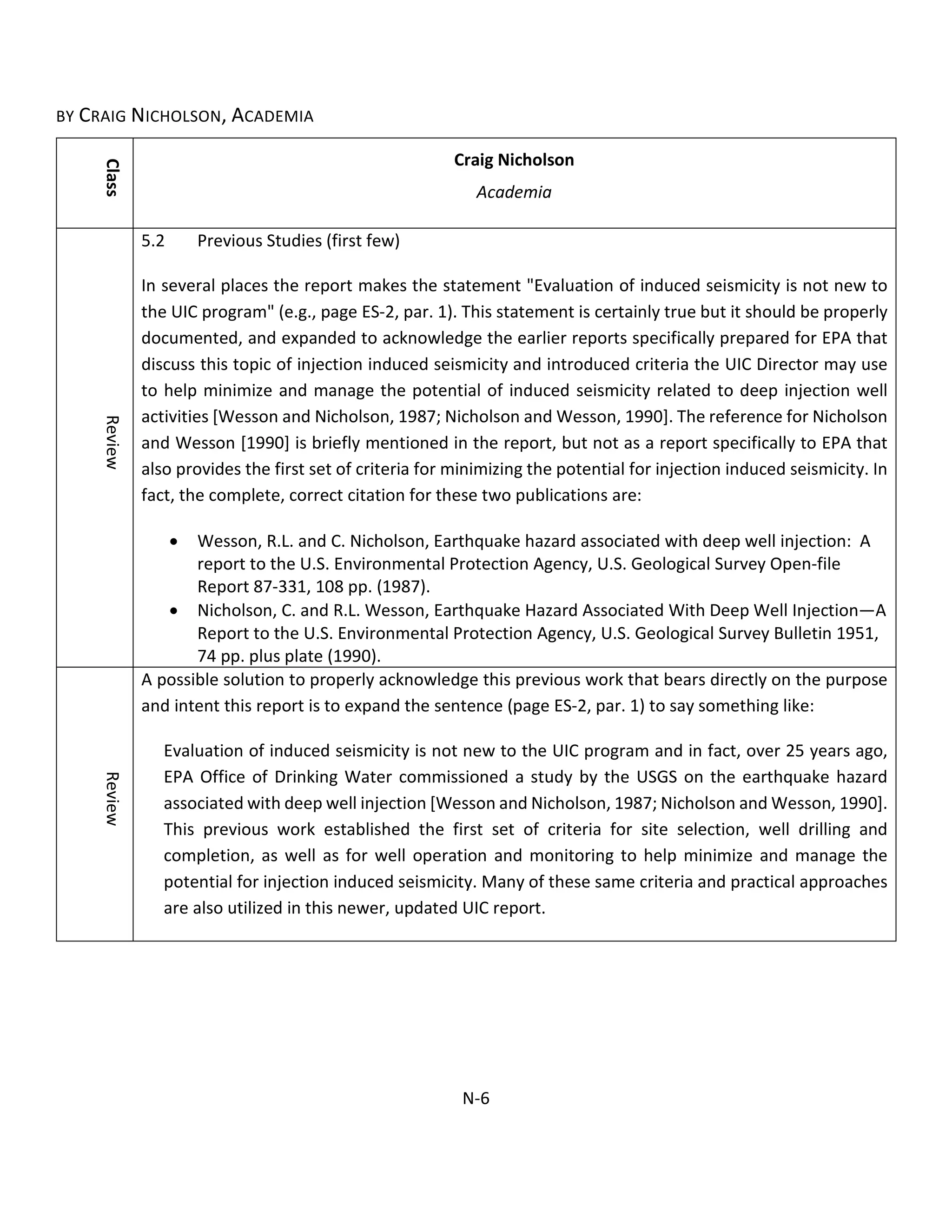 BY CRAIG NICHOLSON, ACADEMIA
Class
Craig Nicholson
Academia
Review
5.2 Previous Studies (first few)
In several places the report makes the statement "Evaluation of induced seismicity is not new to
the UIC program" (e.g., page ES-2, par. 1). This statement is certainly true but it should be properly
documented, and expanded to acknowledge the earlier reports specifically prepared for EPA that
discuss this topic of injection induced seismicity and introduced criteria the UIC Director may use
to help minimize and manage the potential of induced seismicity related to deep injection well
activities [Wesson and Nicholson, 1987; Nicholson and Wesson, 1990]. The reference for Nicholson
and Wesson [1990] is briefly mentioned in the report, but not as a report specifically to EPA that
also provides the first set of criteria for minimizing the potential for injection induced seismicity. In
fact, the complete, correct citation for these two publications are:
• Wesson, R.L. and C. Nicholson, Earthquake hazard associated with deep well injection: A
report to the U.S. Environmental Protection Agency, U.S. Geological Survey Open-file
Report 87-331, 108 pp. (1987).
• Nicholson, C. and R.L. Wesson, Earthquake Hazard Associated With Deep Well Injection—A
Report to the U.S. Environmental Protection Agency, U.S. Geological Survey Bulletin 1951,
74 pp. plus plate (1990).
Review
A possible solution to properly acknowledge this previous work that bears directly on the purpose
and intent this report is to expand the sentence (page ES-2, par. 1) to say something like:
Evaluation of induced seismicity is not new to the UIC program and in fact, over 25 years ago,
EPA Office of Drinking Water commissioned a study by the USGS on the earthquake hazard
associated with deep well injection [Wesson and Nicholson, 1987; Nicholson and Wesson, 1990].
This previous work established the first set of criteria for site selection, well drilling and
completion, as well as for well operation and monitoring to help minimize and manage the
potential for injection induced seismicity. Many of these same criteria and practical approaches
are also utilized in this newer, updated UIC report.
N-6
 