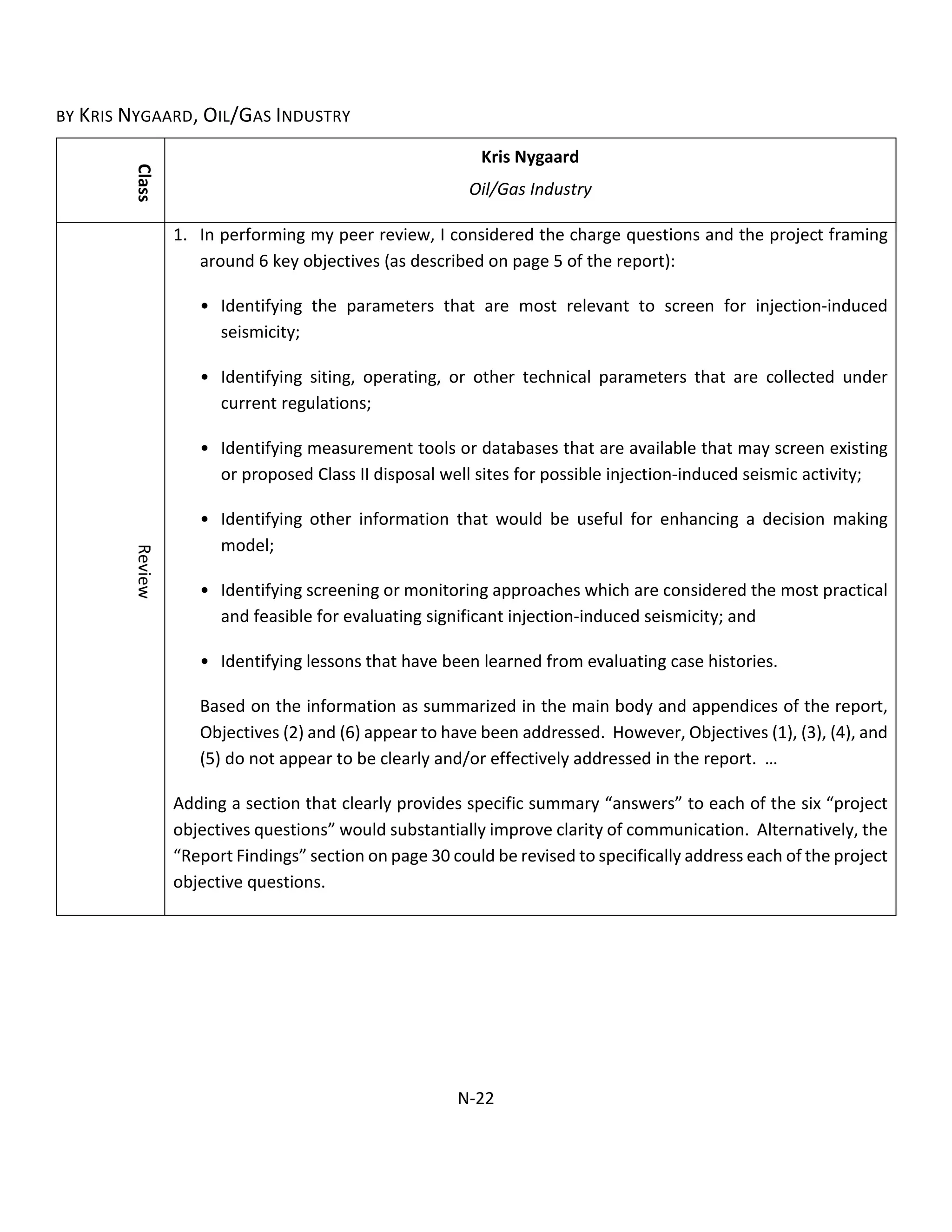 BY KRIS NYGAARD, OIL/GAS INDUSTRY
Class
Kris Nygaard
Oil/Gas Industry
Review
1. In performing my peer review, I considered the charge questions and the project framing
around 6 key objectives (as described on page 5 of the report):
• Identifying the parameters that are most relevant to screen for injection-induced
seismicity;
• Identifying siting, operating, or other technical parameters that are collected under
current regulations;
• Identifying measurement tools or databases that are available that may screen existing
or proposed Class II disposal well sites for possible injection-induced seismic activity;
• Identifying other information that would be useful for enhancing a decision making
model;
• Identifying screening or monitoring approaches which are considered the most practical
and feasible for evaluating significant injection-induced seismicity; and
• Identifying lessons that have been learned from evaluating case histories.
Based on the information as summarized in the main body and appendices of the report,
Objectives (2) and (6) appear to have been addressed. However, Objectives (1), (3), (4), and
(5) do not appear to be clearly and/or effectively addressed in the report. …
Adding a section that clearly provides specific summary “answers” to each of the six “project
objectives questions” would substantially improve clarity of communication. Alternatively, the
“Report Findings” section on page 30 could be revised to specifically address each of the project
objective questions.
N-22
 