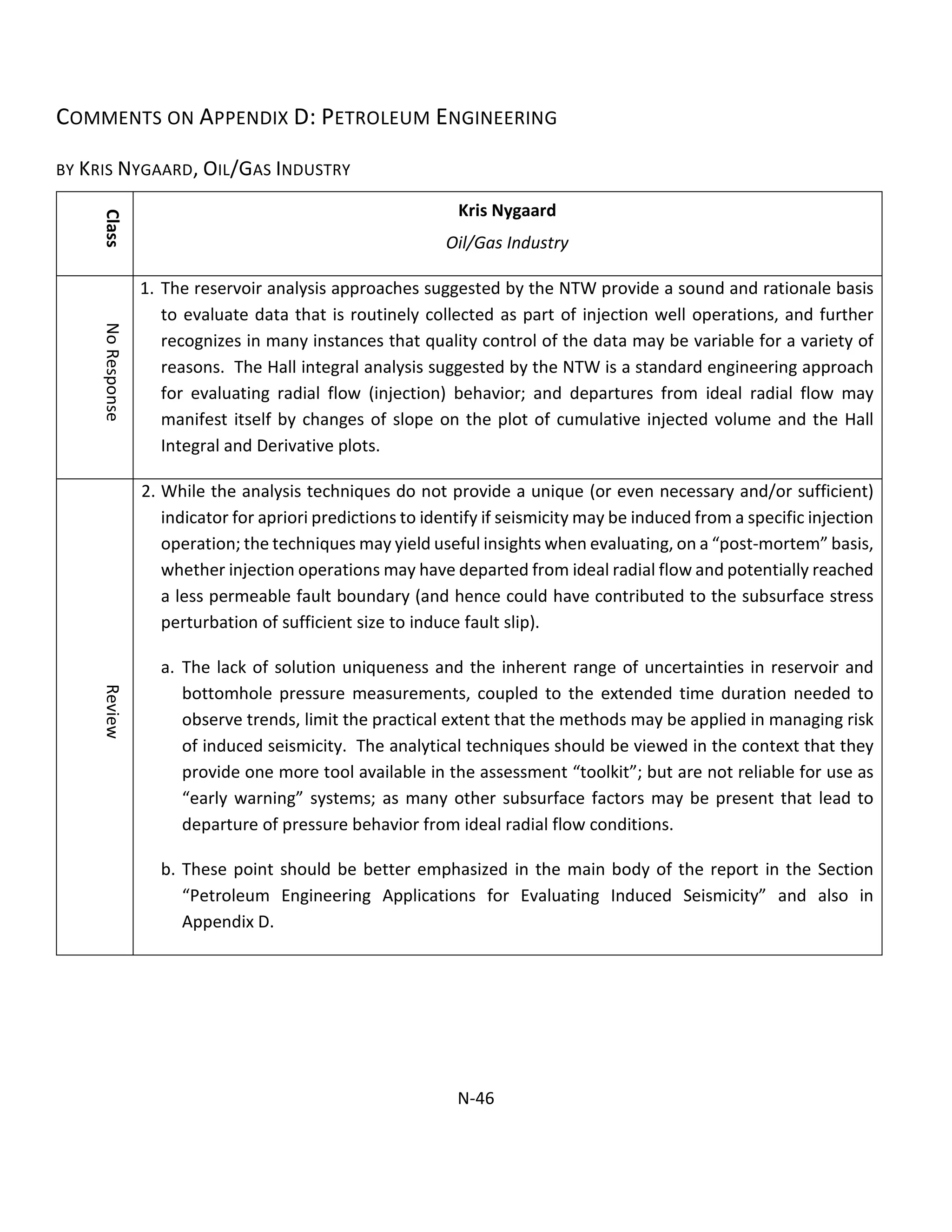 COMMENTS ON APPENDIX D: PETROLEUM ENGINEERING
BY KRIS NYGAARD, OIL/GAS INDUSTRY
Class
Kris Nygaard
Oil/Gas Industry
NoResponse
1. The reservoir analysis approaches suggested by the NTW provide a sound and rationale basis
to evaluate data that is routinely collected as part of injection well operations, and further
recognizes in many instances that quality control of the data may be variable for a variety of
reasons. The Hall integral analysis suggested by the NTW is a standard engineering approach
for evaluating radial flow (injection) behavior; and departures from ideal radial flow may
manifest itself by changes of slope on the plot of cumulative injected volume and the Hall
Integral and Derivative plots.
Review
2. While the analysis techniques do not provide a unique (or even necessary and/or sufficient)
indicator for apriori predictions to identify if seismicity may be induced from a specific injection
operation; the techniques may yield useful insights when evaluating, on a “post-mortem” basis,
whether injection operations may have departed from ideal radial flow and potentially reached
a less permeable fault boundary (and hence could have contributed to the subsurface stress
perturbation of sufficient size to induce fault slip).
a. The lack of solution uniqueness and the inherent range of uncertainties in reservoir and
bottomhole pressure measurements, coupled to the extended time duration needed to
observe trends, limit the practical extent that the methods may be applied in managing risk
of induced seismicity. The analytical techniques should be viewed in the context that they
provide one more tool available in the assessment “toolkit”; but are not reliable for use as
“early warning” systems; as many other subsurface factors may be present that lead to
departure of pressure behavior from ideal radial flow conditions.
b. These point should be better emphasized in the main body of the report in the Section
“Petroleum Engineering Applications for Evaluating Induced Seismicity” and also in
Appendix D.
N-46
 