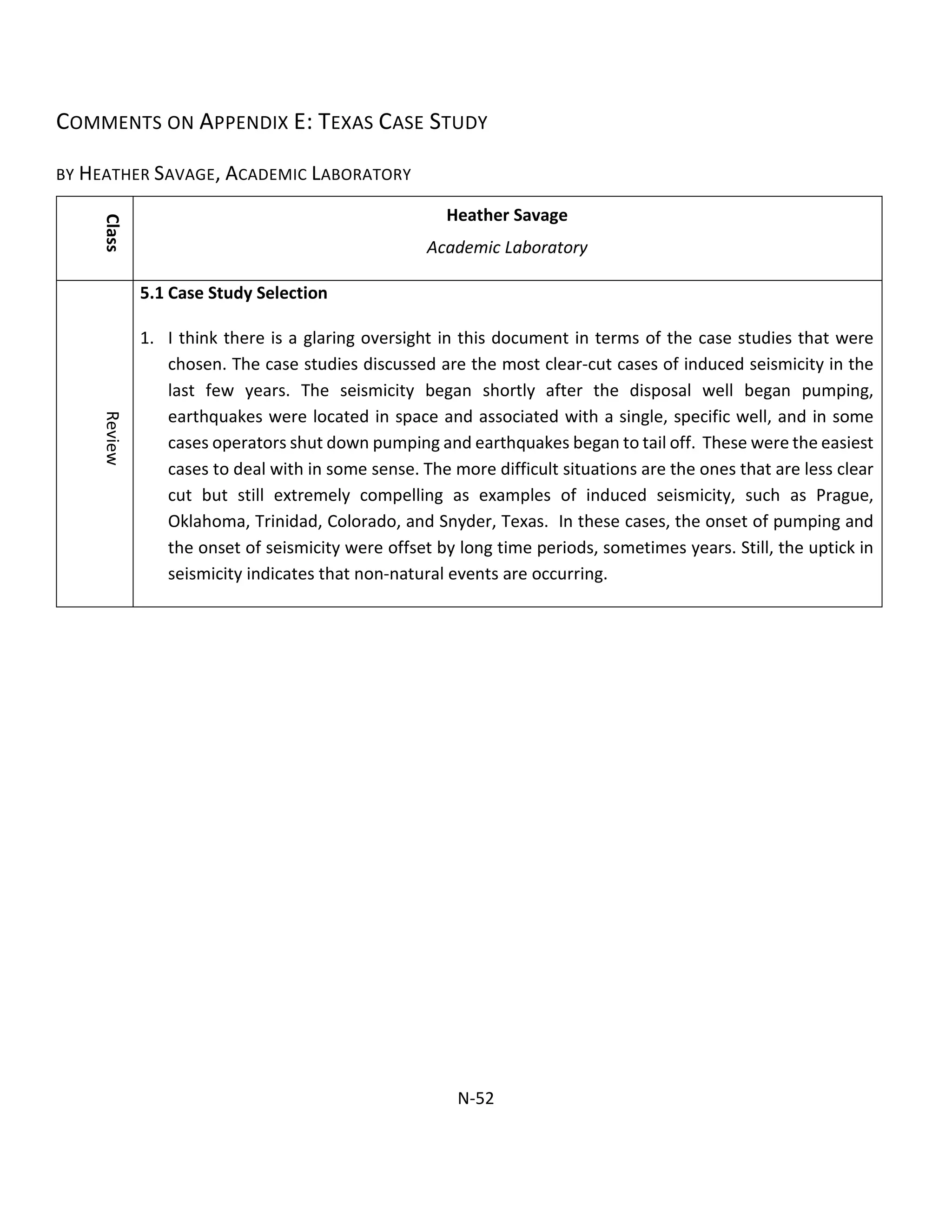 COMMENTS ON APPENDIX E: TEXAS CASE STUDY
BY HEATHER SAVAGE, ACADEMIC LABORATORY
Class
Heather Savage
Academic Laboratory
Review
5.1 Case Study Selection
1. I think there is a glaring oversight in this document in terms of the case studies that were
chosen. The case studies discussed are the most clear-cut cases of induced seismicity in the
last few years. The seismicity began shortly after the disposal well began pumping,
earthquakes were located in space and associated with a single, specific well, and in some
cases operators shut down pumping and earthquakes began to tail off. These were the easiest
cases to deal with in some sense. The more difficult situations are the ones that are less clear
cut but still extremely compelling as examples of induced seismicity, such as Prague,
Oklahoma, Trinidad, Colorado, and Snyder, Texas. In these cases, the onset of pumping and
the onset of seismicity were offset by long time periods, sometimes years. Still, the uptick in
seismicity indicates that non-natural events are occurring.
N-52
 