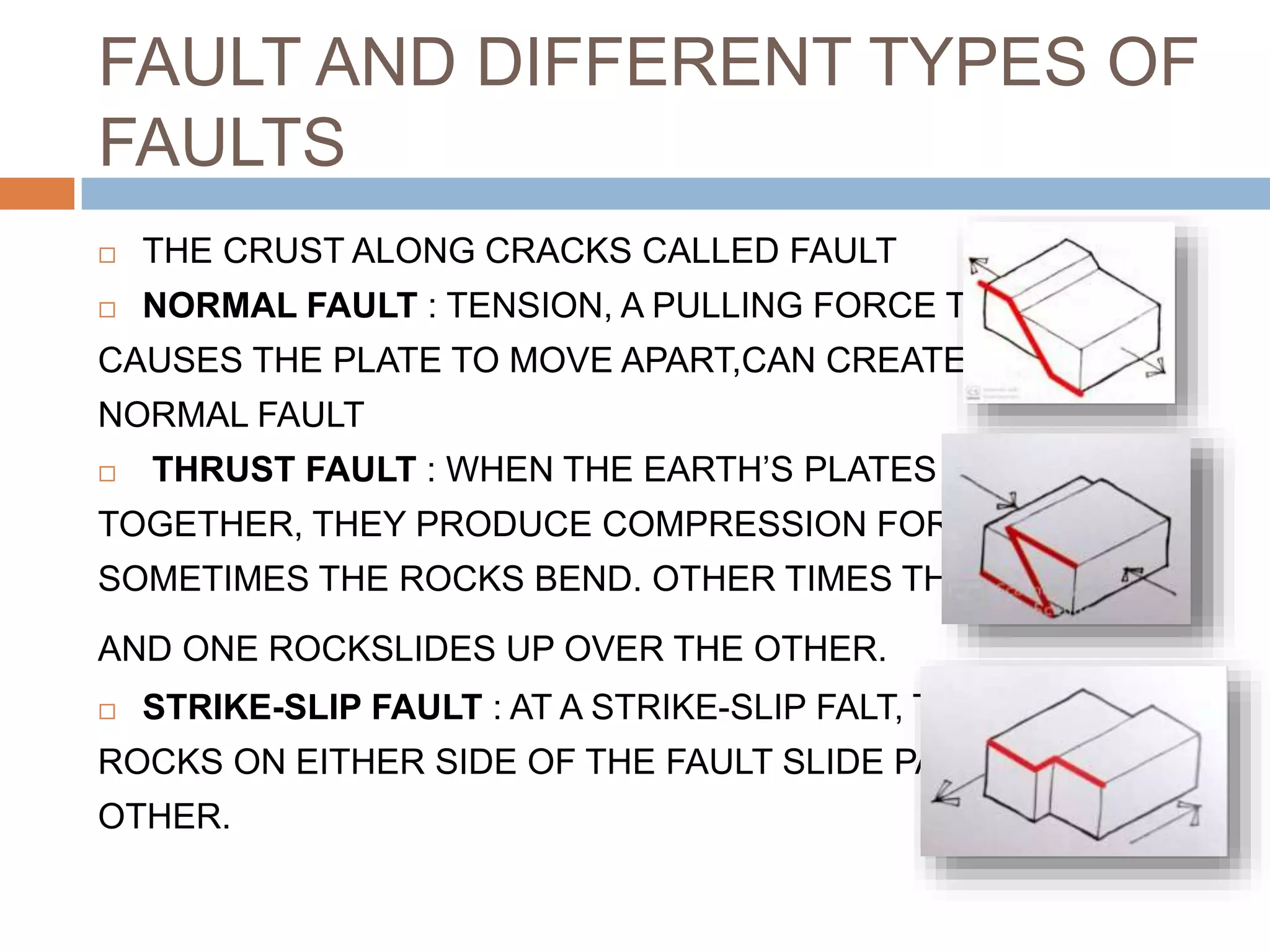 FAULT AND DIFFERENT TYPES OF
FAULTS
 THE CRUST ALONG CRACKS CALLED FAULT
 NORMAL FAULT : TENSION, A PULLING FORCE THAT
CAUSES THE PLATE TO MOVE APART,CAN CREATE A
NORMAL FAULT
 THRUST FAULT : WHEN THE EARTH’S PLATES COME
TOGETHER, THEY PRODUCE COMPRESSION FORCES.
SOMETIMES THE ROCKS BEND. OTHER TIMES THEY BREAK
AND ONE ROCKSLIDES UP OVER THE OTHER.
 STRIKE-SLIP FAULT : AT A STRIKE-SLIP FALT, THE
ROCKS ON EITHER SIDE OF THE FAULT SLIDE PAST EACH
OTHER.
 