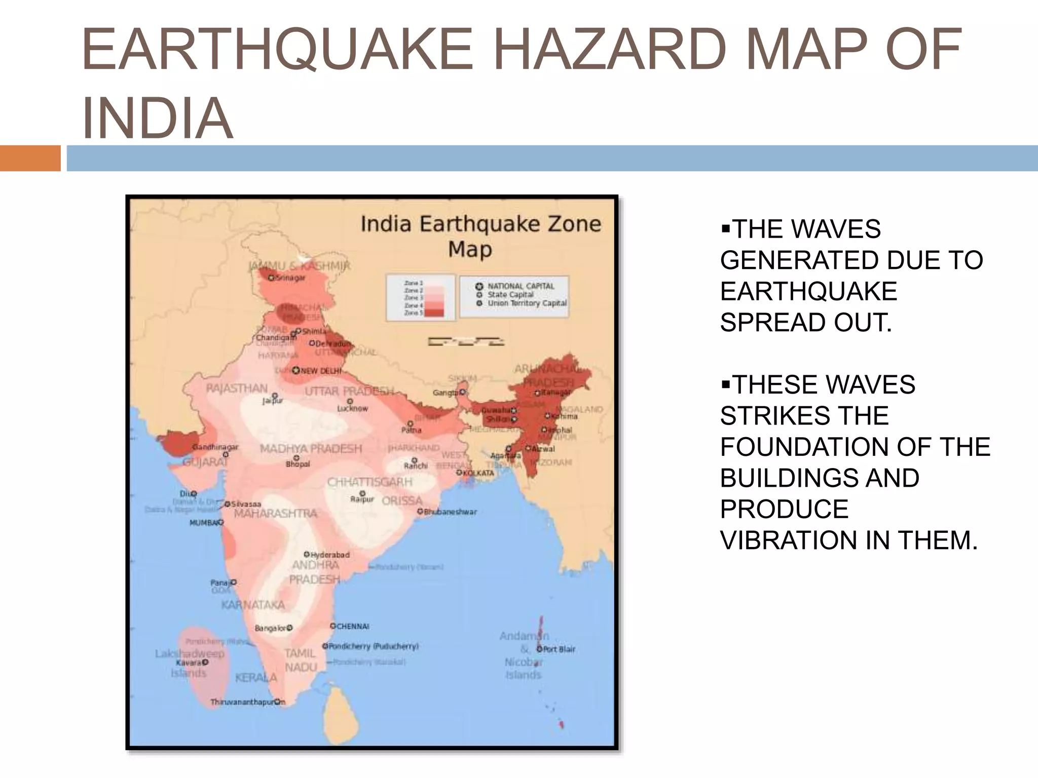 EARTHQUAKE HAZARD MAP OF
INDIA
THE WAVES
GENERATED DUE TO
EARTHQUAKE
SPREAD OUT.
THESE WAVES
STRIKES THE
FOUNDATION OF THE
BUILDINGS AND
PRODUCE
VIBRATION IN THEM.
 