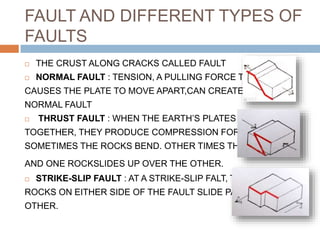 FAULT AND DIFFERENT TYPES OF
FAULTS
 THE CRUST ALONG CRACKS CALLED FAULT
 NORMAL FAULT : TENSION, A PULLING FORCE THAT
CAUSES THE PLATE TO MOVE APART,CAN CREATE A
NORMAL FAULT
 THRUST FAULT : WHEN THE EARTH’S PLATES COME
TOGETHER, THEY PRODUCE COMPRESSION FORCES.
SOMETIMES THE ROCKS BEND. OTHER TIMES THEY BREAK
AND ONE ROCKSLIDES UP OVER THE OTHER.
 STRIKE-SLIP FAULT : AT A STRIKE-SLIP FALT, THE
ROCKS ON EITHER SIDE OF THE FAULT SLIDE PAST EACH
OTHER.
 