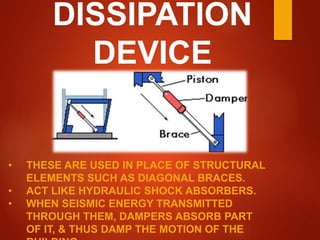 DISSIPATION
DEVICE
• THESE ARE USED IN PLACE OF STRUCTURAL
ELEMENTS SUCH AS DIAGONAL BRACES.
• ACT LIKE HYDRAULIC SHOCK ABSORBERS.
• WHEN SEISMIC ENERGY TRANSMITTED
THROUGH THEM, DAMPERS ABSORB PART
OF IT, & THUS DAMP THE MOTION OF THE
 