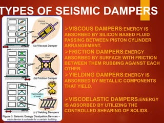 TYPES OF SEISMIC DAMPERS
VISCOUS DAMPERS:ENERGY IS
ABSORBED BY SILICON BASED FLUID
PASSING BETWEEN PISTON CYLINDER
ARRANGEMENT.
FRICTION DAMPERS:ENERGY
ABSORBED BY SURFACE WITH FRICTION
BETWEEN THEM RUBBING AGAINST EACH
OTHER.
YIELDING DAMPERS:ENERGY IS
ABSORBED BY METALLIC COMPONENTS
THAT YIELD.
VISCOELASTIC DAMPERS:ENERGY
IS ABSORBED BY UTILIZING THE
CONTROLLED SHEARING OF SOLIDS.
 
