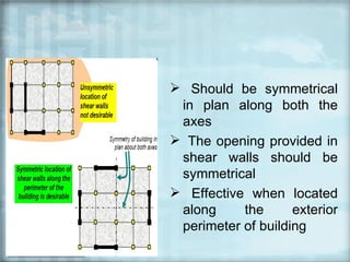  Should be symmetrical
 in plan along both the
 axes
 The opening provided in
 shear walls should be
 symmetrical
 Effective when located
 along     the      exterior
 perimeter of building
 