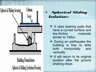 

Spherical Sliding
Isolation: It uses bearing pads that
have a curved surface and
low-friction
materials
similar to Teflon
 During an earthquake the
building is free to slide
both
horizontally
and
vertically
 It will return to its original
position after the ground
shaking stops.

 