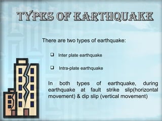 There are two types of earthquake:
 Inter plate earthquake


Intra-plate earthquake

In both types of earthquake, during
earthquake at fault strike slip(horizontal
movement) & dip slip (vertical movement)

 
