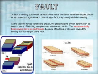 A fault is nothing but a crack or weak zone inside the Earth. When two blocks of rock
or two plates rub against each other along a fault, they don’t just slide smoothly.
As the tectonic forces continue to prevail, the plate margins exhibit deformation as
seen in terms of bending, compression, tension and friction. The rocks eventually
break giving rise to an earthquake, because of building of stresses beyond the
limiting elastic strength of the rock.

 