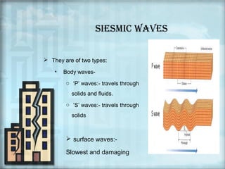 SIESMIC WAVES
 They are of two types:
•

Body waveso ‘P’ waves:- travels through
solids and fluids.
o ‘S’ waves:- travels through
solids

 surface waves:Slowest and damaging

 