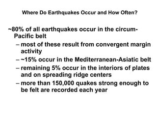 Where Do Earthquakes Occur and How Often? ~80% of all earthquakes occur in the circum-Pacific belt most of these result from convergent margin activity ~15% occur in the Mediterranean-Asiatic belt remaining 5% occur in the interiors of plates and on spreading ridge centers more than 150,000 quakes strong enough to be felt are recorded each year 