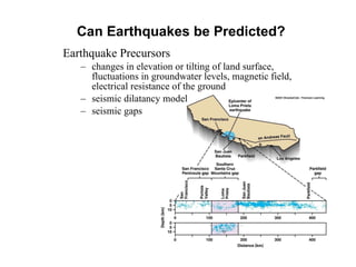Can Earthquakes be Predicted? Earthquake Precursors  changes in elevation or tilting of land surface, fluctuations in groundwater levels, magnetic field, electrical resistance of the ground seismic dilatancy model seismic gaps 