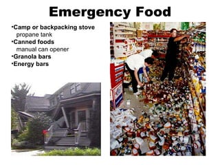 Emergency Food Camp or backpacking stove   propane tank Canned foods   manual can opener Granola bars Energy bars 
