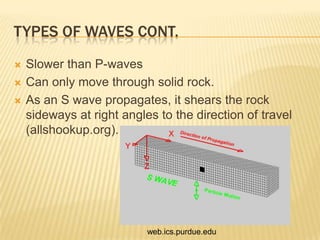 TYPES OF WAVES CONT.
   Slower than P-waves
   Can only move through solid rock.
   As an S wave propagates, it shears the rock
    sideways at right angles to the direction of travel
    (allshookup.org).




                           web.ics.purdue.edu
 