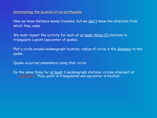 Determining the location of an earthquake
 
Now we know distance waves traveled, but we don't know the direction from
which they came.

We must repeat the activity for each of at least three (3) stations to
triangulate a point (epicenter of quake).
 
Plot a circle around seismograph location; radius of circle is the distance to the
quake.

Quake occurred somewhere along that circle.

Do the same thing for at least 3 seismograph stations; circles intersect at
   epicenter. Thus, point is triangulated and epicenter is located.
 
 