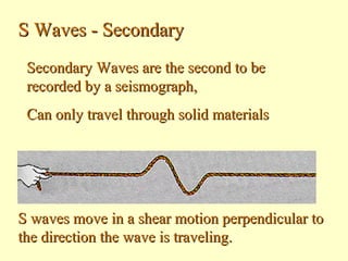 S Waves - Secondary
Secondary Waves are the second to be
recorded by a seismograph,
Can only travel through solid materials

S waves move in a shear motion perpendicular to
the direction the wave is traveling.

 