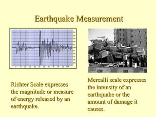 Earthquake Measurement

Richter Scale expresses
the magnitude or measure
of energy released by an
earthquake.

Mercalli scale expresses
the intensity of an
earthquake or the
amount of damage it
causes.

 
