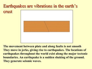 Earthquakes are vibrations in the earth’s
crust

The movement between plate and along faults is not smooth
They move in jerks, giving rise to earthquakes. The locations of
earthquakes throughout the world exist along the major tectonic
boundaries. An earthquake is a sudden shaking of the ground.
They generate seismic waves.

 